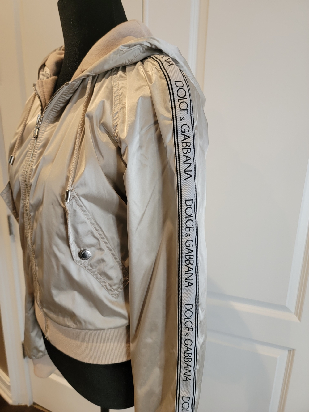 Dolce & Gabbana Light Beige Hooded  Jacket with Logo Tape